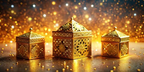 Poster - Ornate Golden Boxes with Intricate Designs Gleaming Under Festive Lights