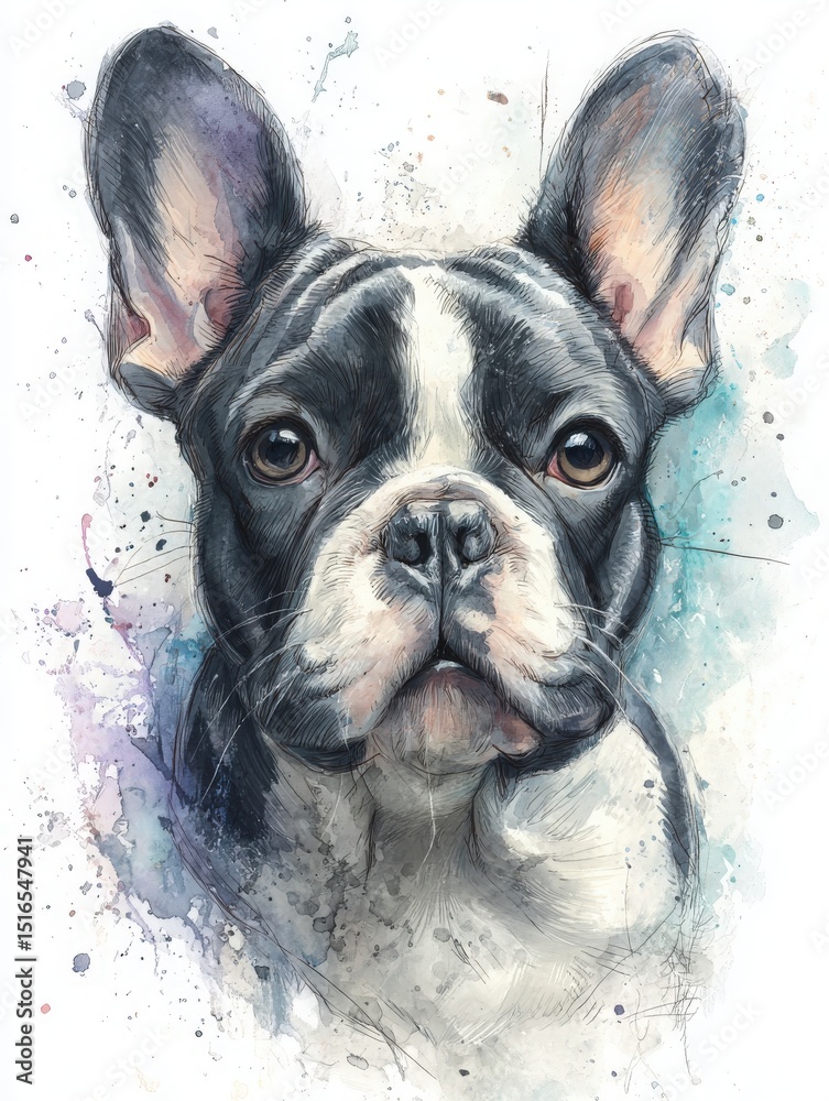This striking artwork features a French Bulldog with a composed expression. The dogs features are emphasized against a colorful, watercolor splash background, enhancing its charm.