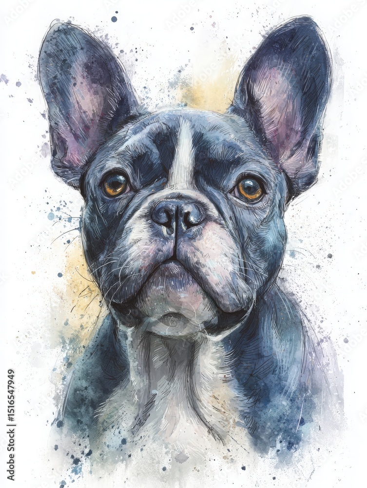 This striking artwork captures a French Bulldogs face with vivid colors, highlighting its unique features. The soulful eyes and soft fur create an engaging, artistic representation of the breed.