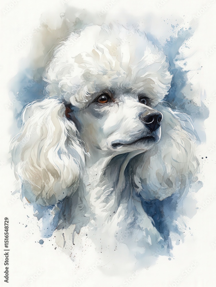 A stunning portrayal of a poodle with fluffy white fur and expressive eyes captured in a soft color palette. The artwork highlights the dogs elegance and charm against a muted background.