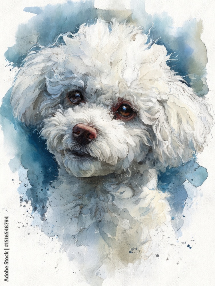 This artwork features a fluffy white dog with a curly coat and expressive eyes. The background is a blend of soft blues, enhancing the gentle appearance of the dog.