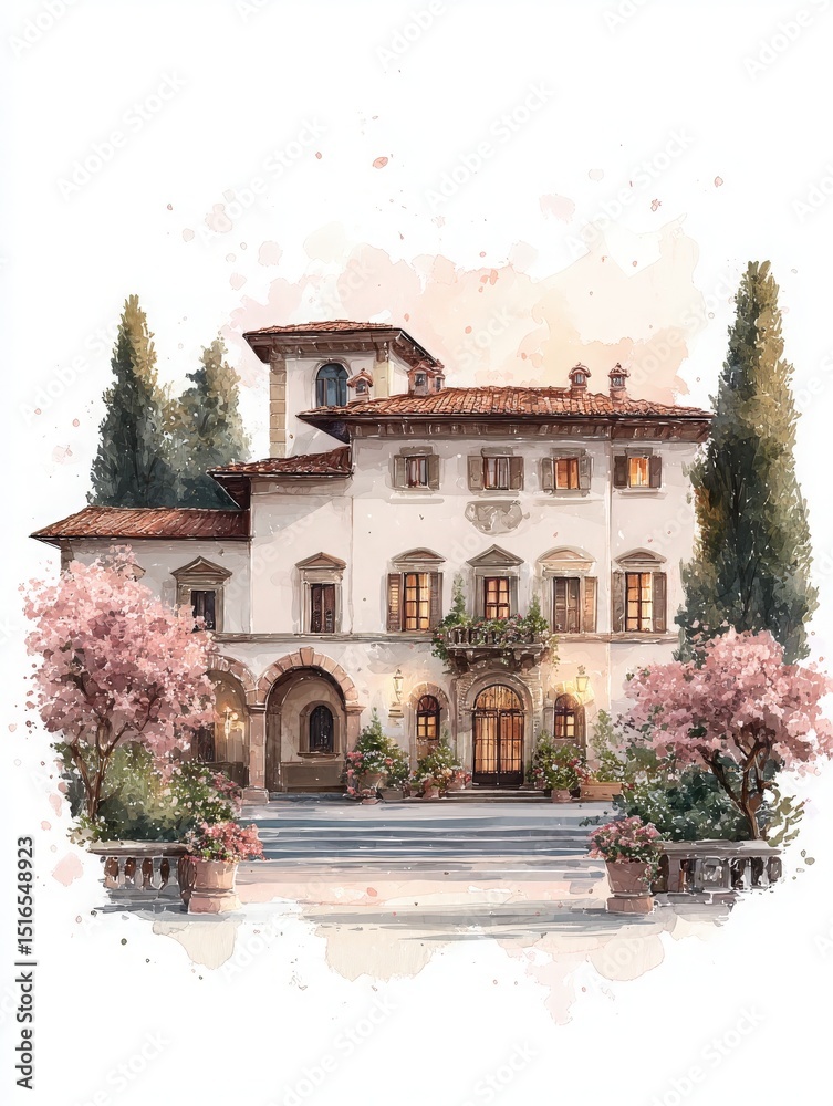 A stunning villa in Italy features elegant architecture and manicured gardens filled with vibrant cherry blossoms. Located in a peaceful area, it captures the essence of rustic beauty and tranquility.