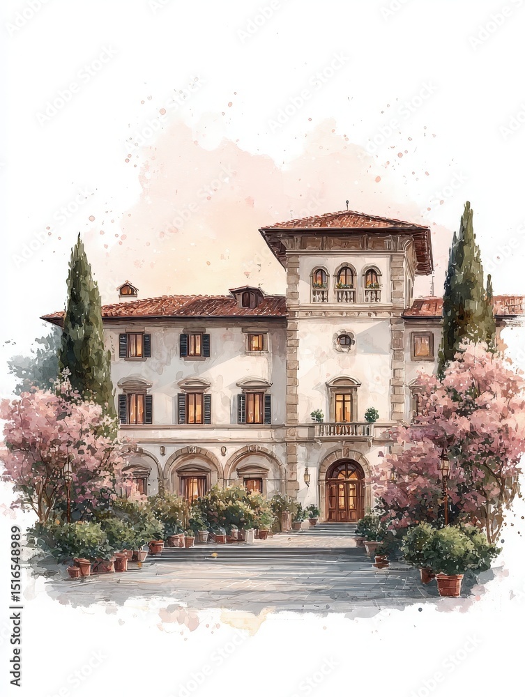 A charming villa surrounded by vibrant pink flowers and lush greenery. The warm hues of sunset enhance the serene atmosphere, showcasing beautiful architectural details.