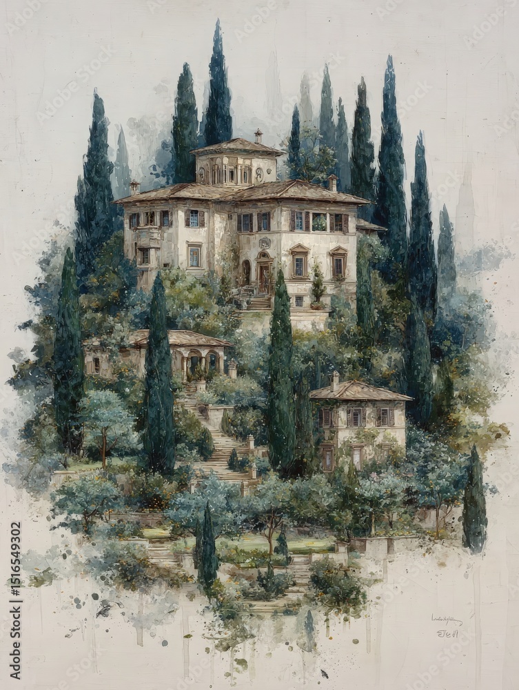 A beautiful villa stands majestically among tall cypress trees and picturesque gardens, showcasing its timeless architecture. The tranquil setting evokes a sense of peace and natural beauty.