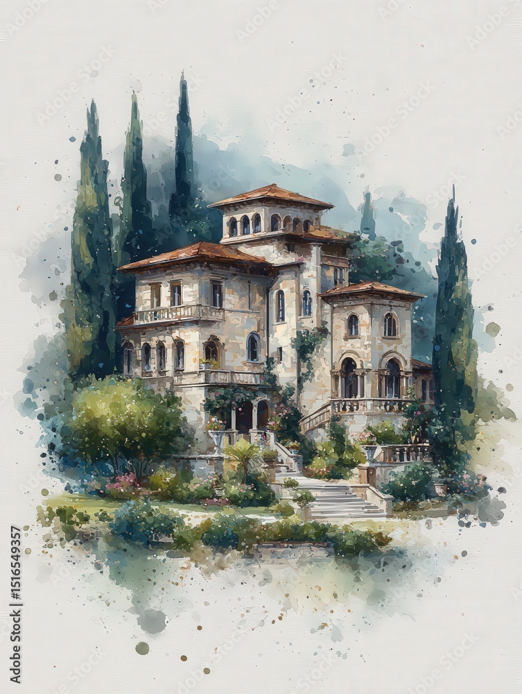 A stunning villa with multiple architectural styles sits amidst tall cypress trees and vibrant gardens. The artistic watercolor effect enhances the charm and elegance of the setting.