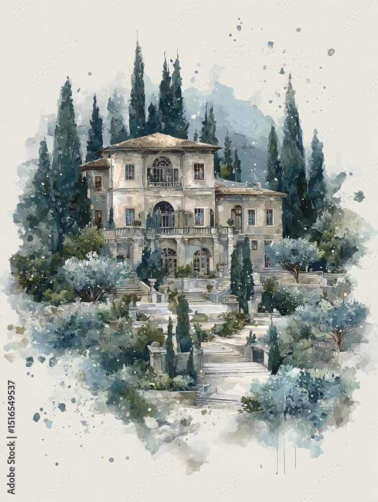 A detailed illustration showcases an elegant villa surrounded by lush cypress trees and vibrant gardens. The tranquil setting is enhanced by soft watercolors and a peaceful atmosphere.