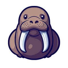 Poster - Simple flat cartoon icon of a walrus showcasing its distinctive tusks and rounded body design in a playful style