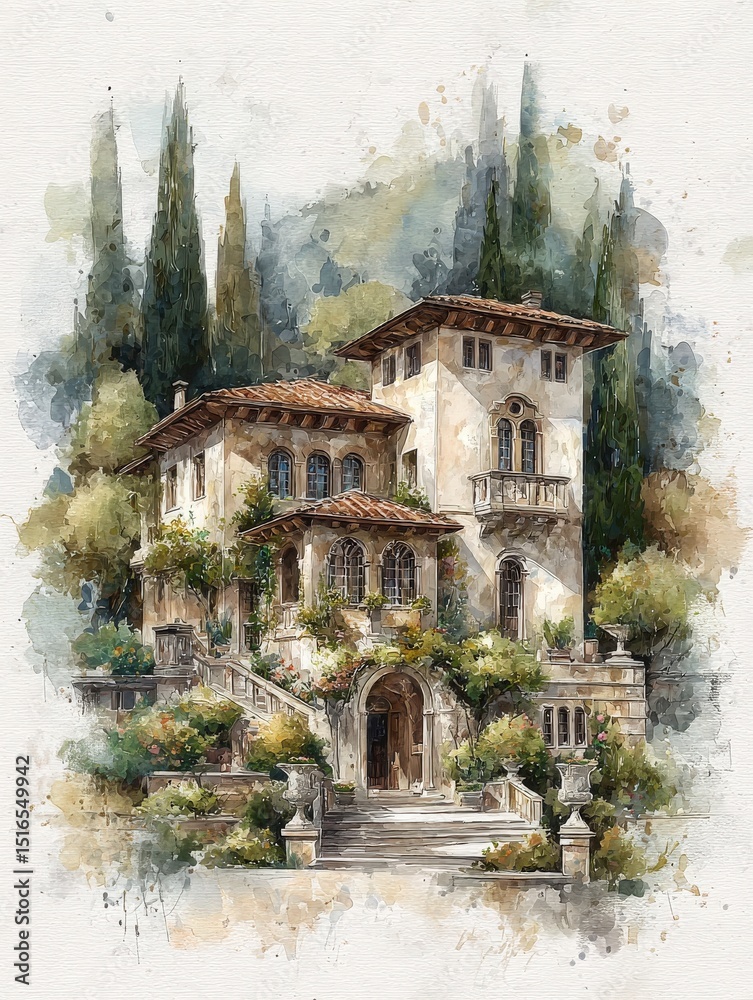 A charming villa stands amidst tall cypress trees and vibrant plants. The elegant design features intricate details and a welcoming entrance, creating a serene atmosphere.