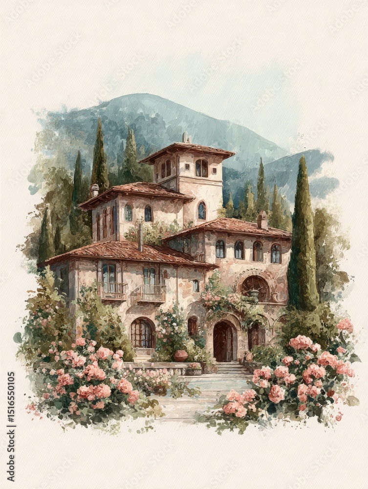 A stunning villa features rustic architecture and vibrant gardens filled with roses. Majestic mountains rise in the background, showcasing the beauty of nature during a clear day.