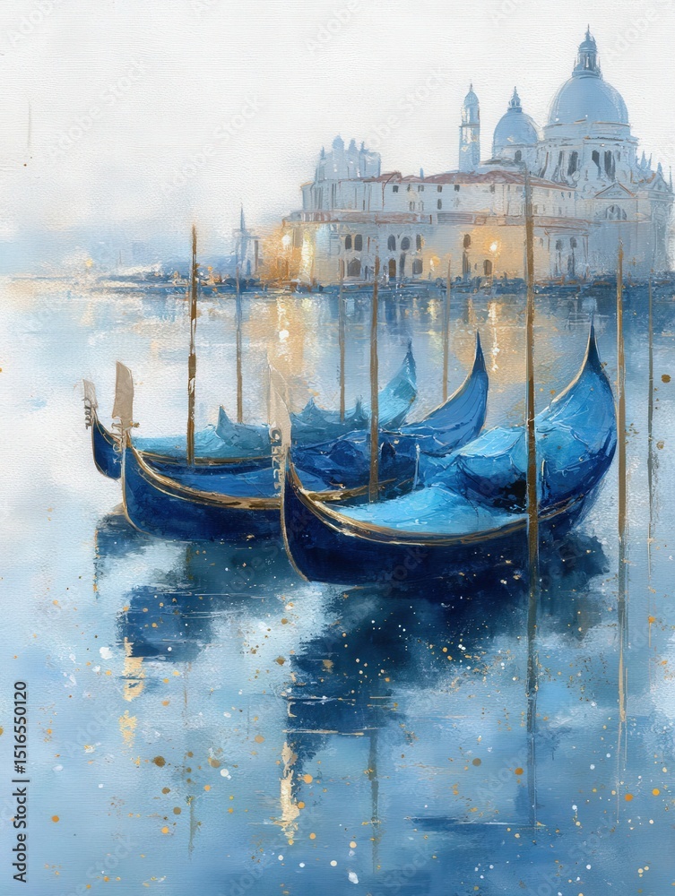 Gondolas with blue hulls are anchored in a calm bay, reflecting the soft light of dawn. Historic architecture rests on the waterfront, shrouded in mist, creating an enchanting atmosphere.