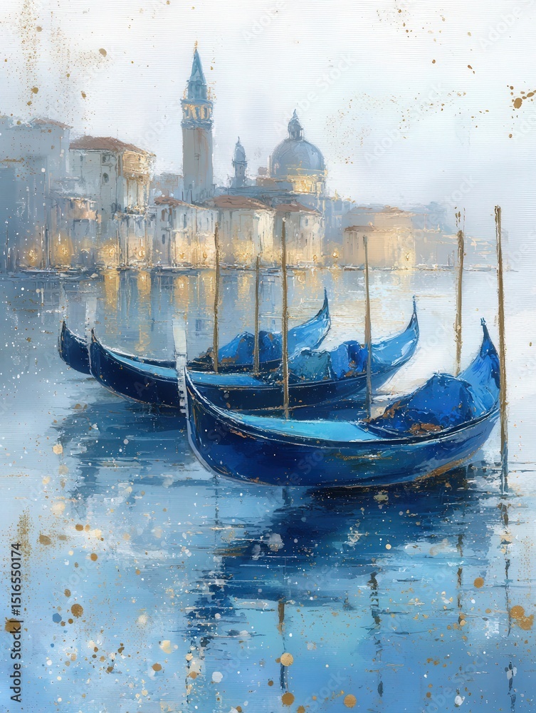 Early morning light reflects off serene waters in Venice, highlighting blue boats anchored along the shoreline. Historic buildings and towers create a scenic backdrop filled with tranquility.