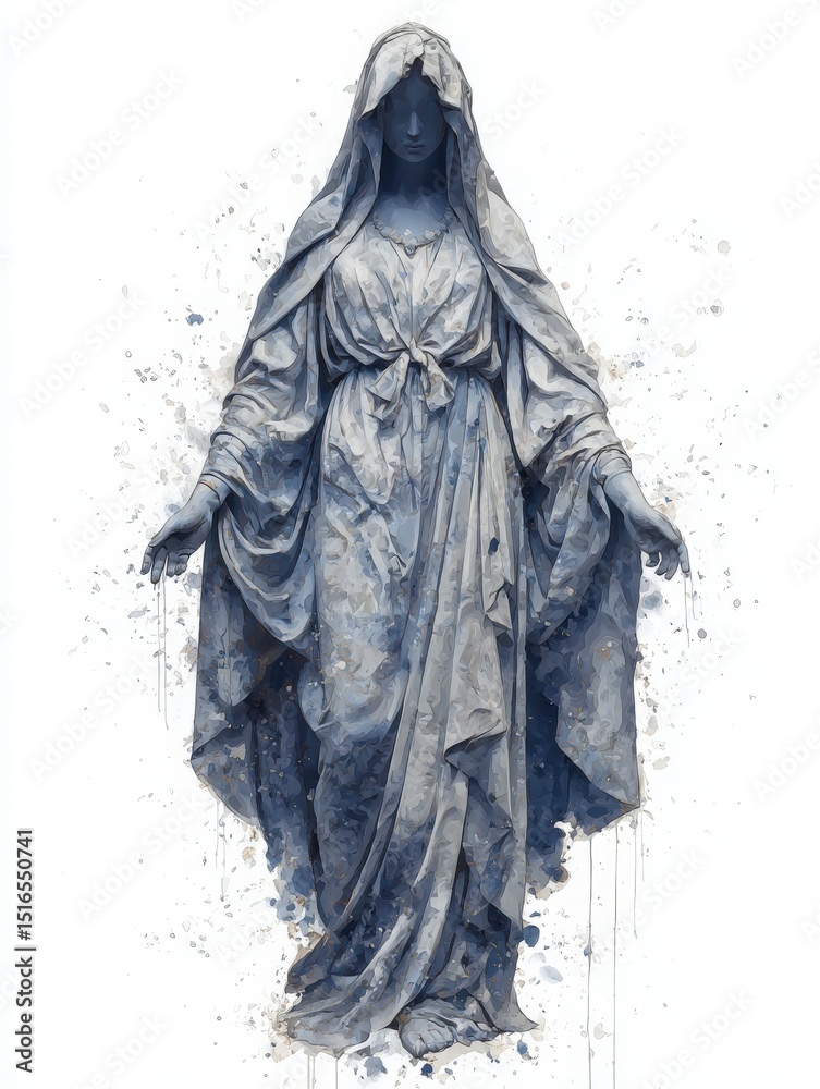 A striking cloaked figure stands gracefully with outstretched arms, capturing attention with its elegant pose and detailed fabric textures. The statue features a soft blue color palette.