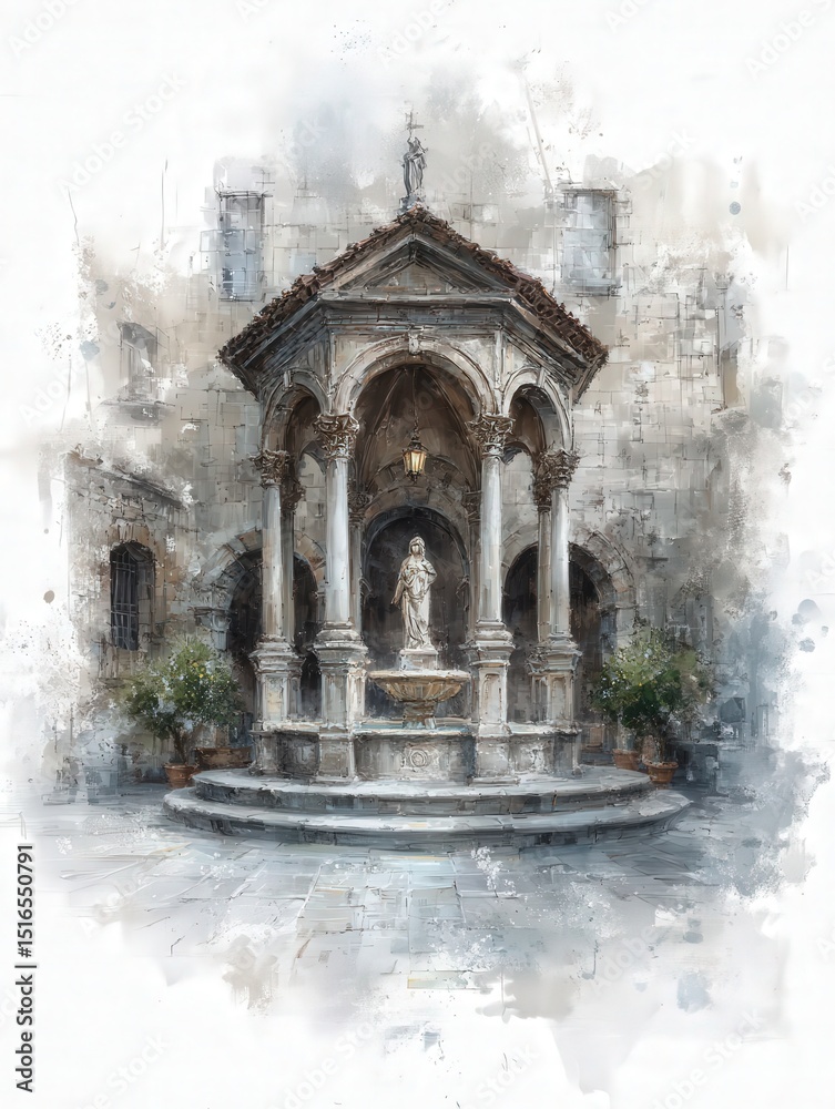 A beautifully crafted stone fountain stands at the center of a charming courtyard. Elegant columns support a classic roof, while a statue adorns the fountain, enhancing the idyllic atmosphere.