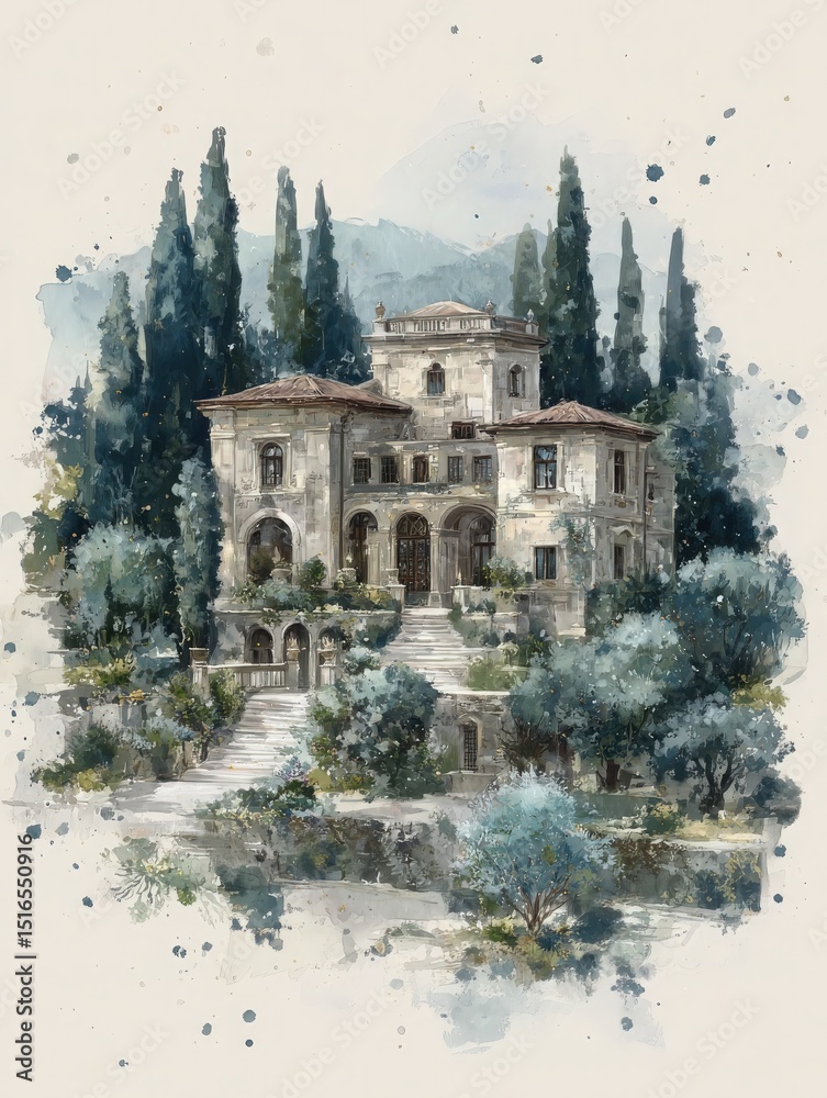 A beautiful historic villa stands majestically, surrounded by lush greenery and tall cypress trees.