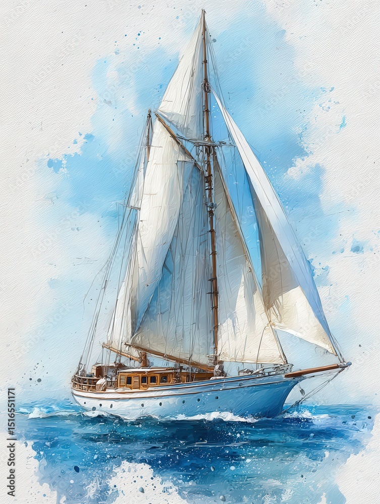 A beautifully crafted sailboat with billowing white sails navigates calm waters. The bright blue sky reflects on the waters surface, showcasing a serene maritime scene.