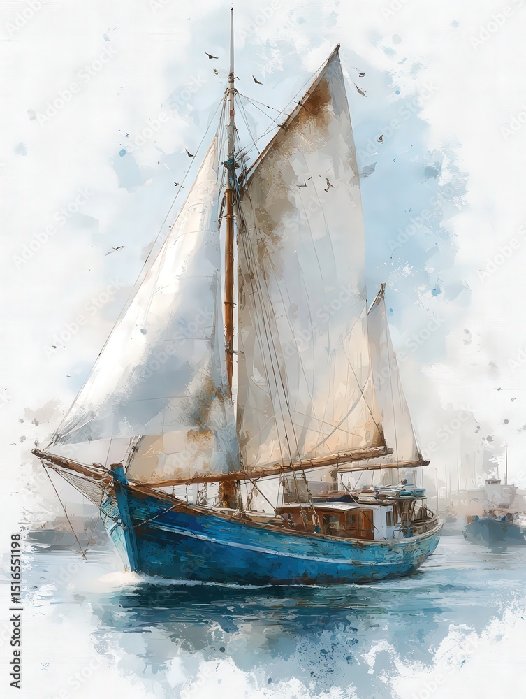 A vibrant sailboat navigates through serene waters as the sun rises. The boat features large white sails and a striking blue hull, creating a picturesque view. Seagulls fly gracefully in the sky.