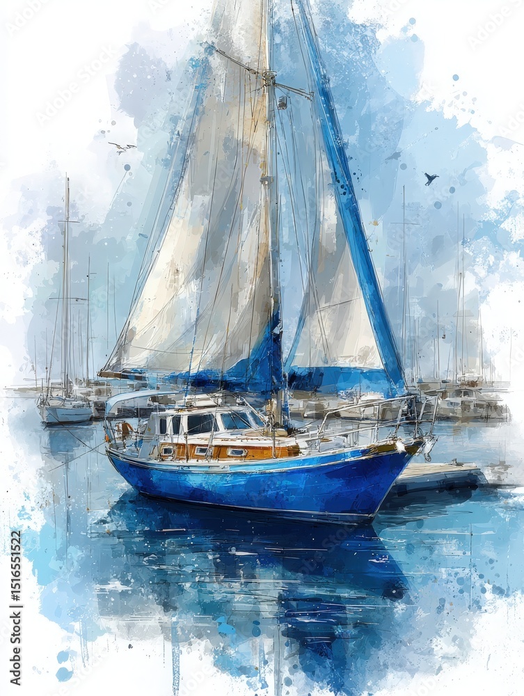 A vibrant blue sailboat floats peacefully in calm waters, surrounded by other boats. The serene harbor reflects the colorful sails under a clear sky, creating a picturesque scene.