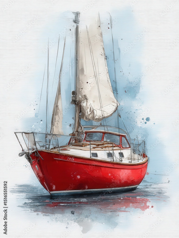 A vibrant red sailboat with white sails is gently sailing on serene waters. The atmosphere is peaceful, with a clear blue sky reflecting the calmness of the sea during daylight.