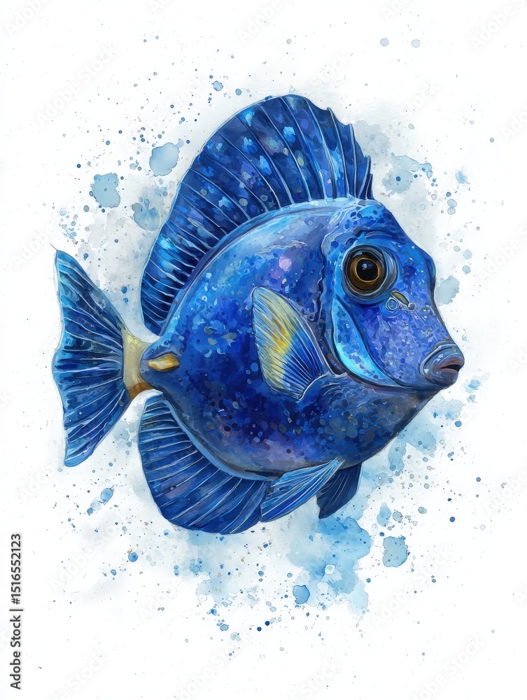 Bright blue fish with detailed fins and expressive features swims against a background of colorful splashes. This artwork showcases the beauty and uniqueness of marine life.