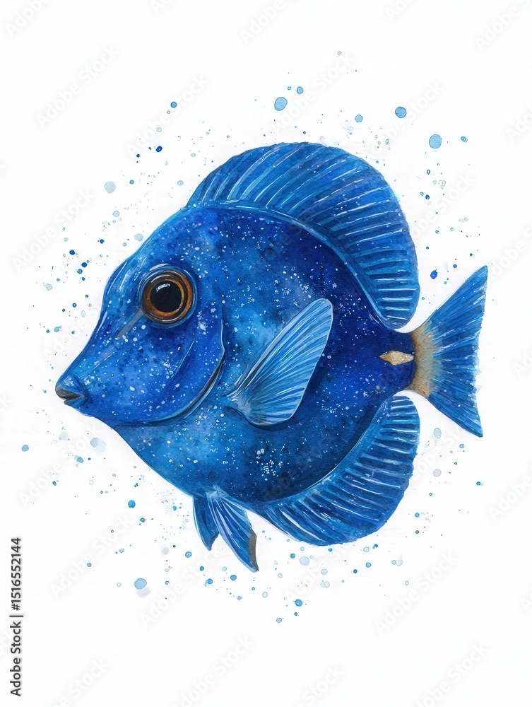 This lively illustration showcases a blue fish characterized by shimmering scales and expressive features. Surrounding the fish are playful splashes of color that enhance the aquatic theme.