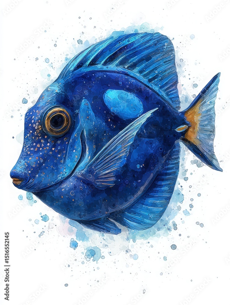 The blue fish glides gracefully through the water, showcasing shimmering scales and vibrant hues. Artistic splashes of color enhance its beauty in a lifelike portrayal of underwater life.