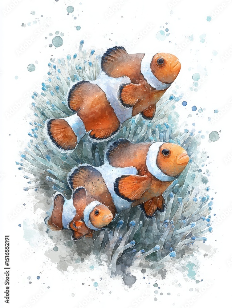 A trio of clownfish are nestled among sea anemones, showcasing vivid colors in a lively underwater environment. The artwork features a soft watercolor style highlighting marine beauty.