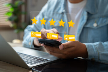 Canvas Print - consumer use smartphone to complete online customer satisfaction survey, rating 5 stars for excellen