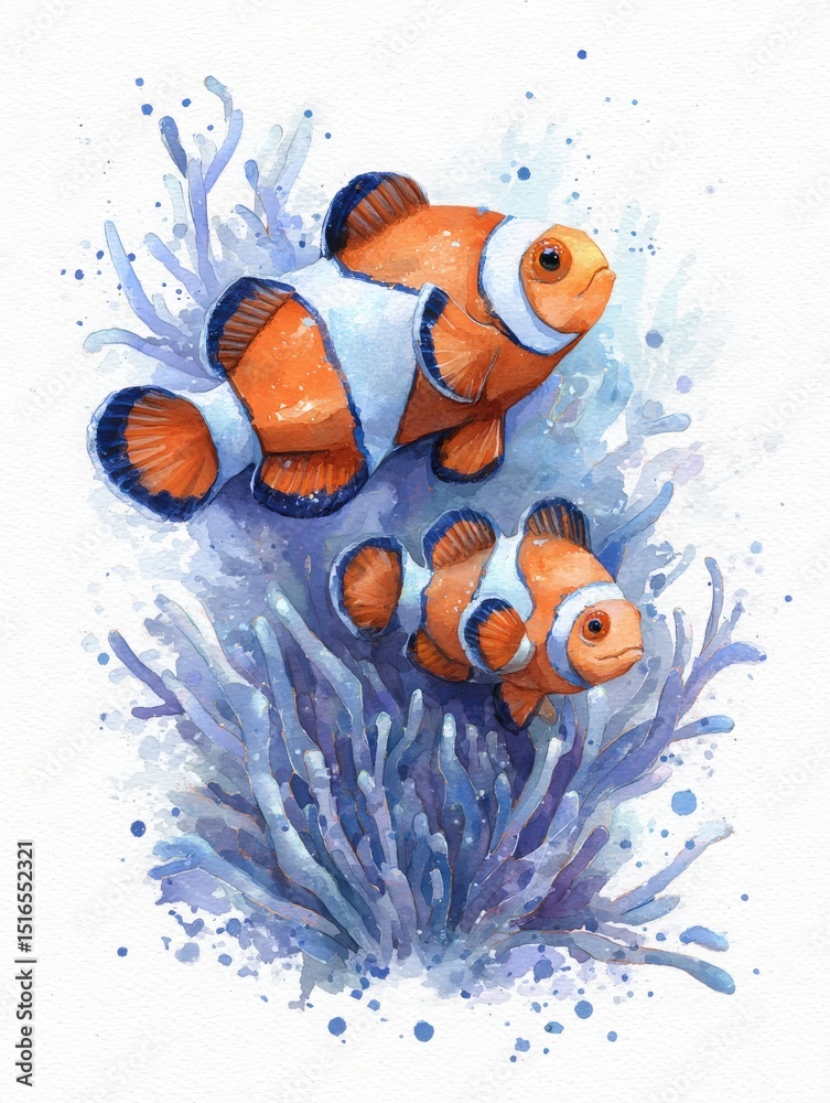 Two clownfish gracefully swim together in a lively underwater setting, surrounded by soft, colorful plants. The blue water creates a calming atmosphere as they explore their habitat.