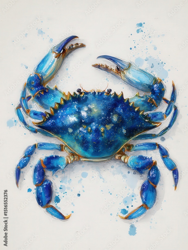 A blue crab with striking azure hues is illustrated with attention to detail. The vibrant shell is adorned with dark spots and accents, capturing an aquatic beauty.