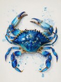 A blue crab with striking azure hues is illustrated with attention to detail. The vibrant shell is adorned with dark spots and accents, capturing an aquatic beauty.