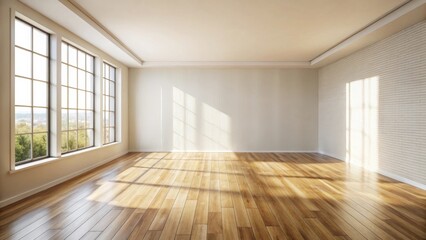Poster - Sunlit Empty Room with Hardwood Floor and Brick Accent Wall