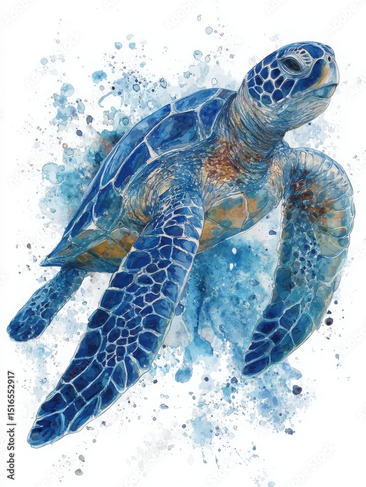 A vibrant sea turtle glides gracefully through ocean waters, surrounded by expressive splashes of blue paint. The scene evokes a sense of underwater serenity and beauty.