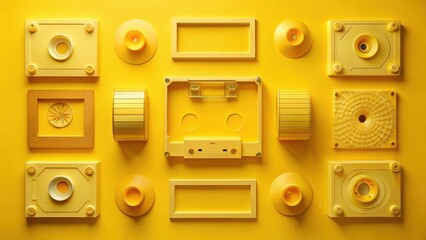 Poster - A vibrant arrangement of monochromatic yellow objects, featuring geometric shapes and a retro cassette tape, creates a visually striking and aesthetically pleasing composition.