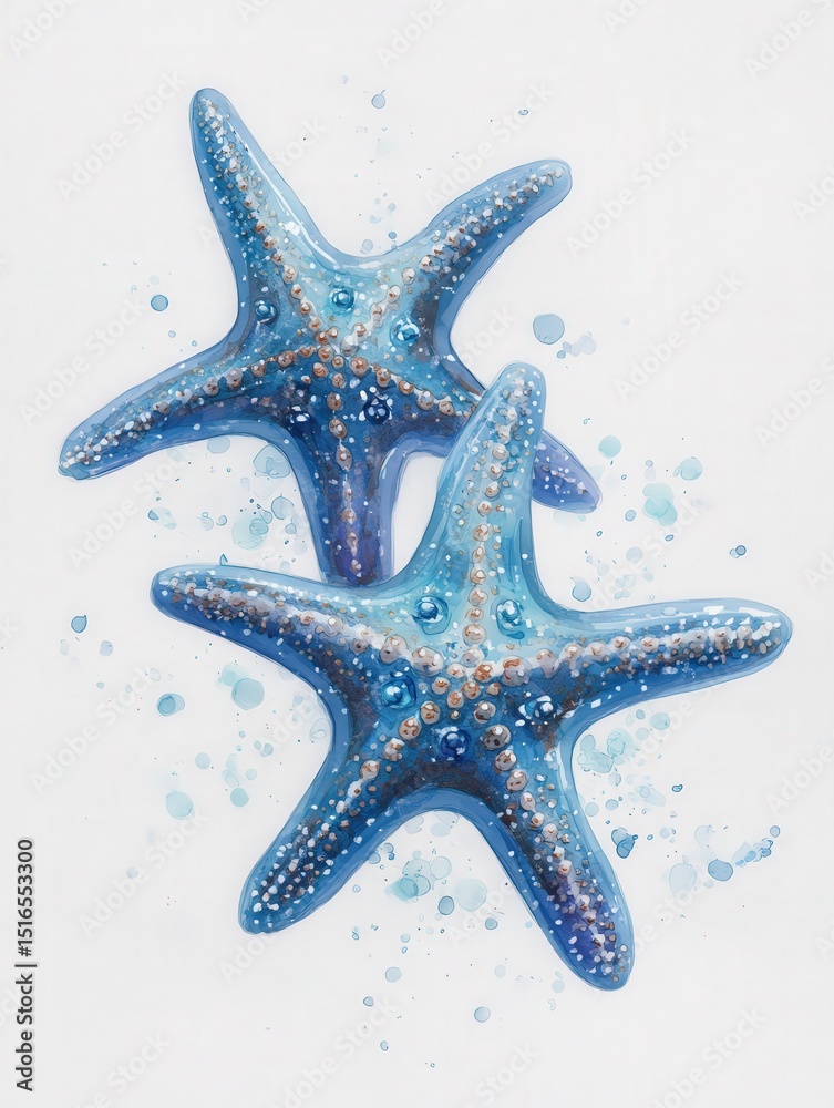 Two beautifully detailed starfish are surrounded by soft splashes of blue. Their shimmering texture and striking colors create an inviting underwater feel. The overall vibe is tranquil and refreshing.