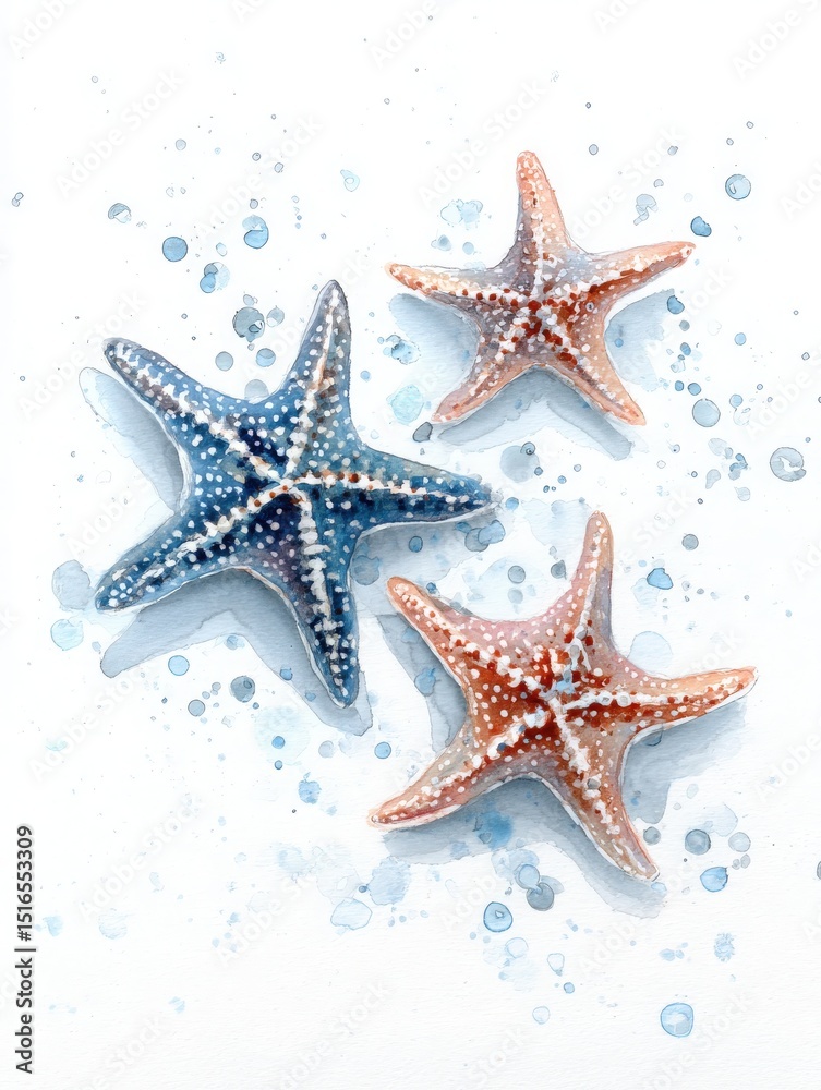 Three starfish in shades of blue and orange rest on a light background, surrounded by soft watercolor splashes. The artwork captures the serene beauty of marine life, evoking a coastal atmosphere.