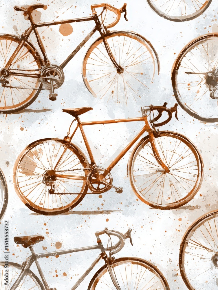 Colorful artistic depiction of various bicycles arranged creatively with watercolor stains. The retro styles showcase intricate details, inviting nostalgia and admiration for cycling culture.