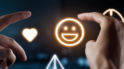 Poster - Hands interacting with glowing digital interface featuring emojis and a heart icon on dark screen