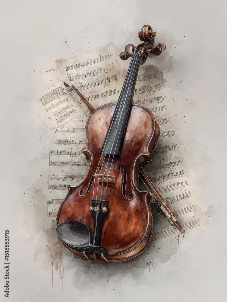 A beautifully crafted violin lies on top of scattered musical sheets, accompanied by its bow and a pencil. Soft hues and artistic splashes add a creative touch to the composition.