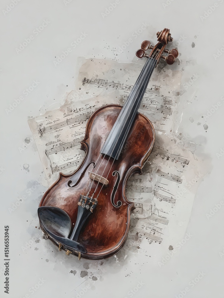A violin rests on a background of sheet music, showcasing the instruments wooden texture and craftsmanship. The surrounding artwork features a soft, splattered design, enhancing the musical theme.