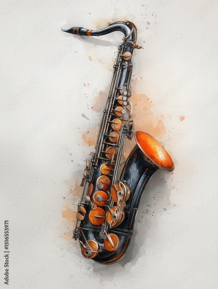 A detailed depiction of a saxophone featuring shiny keys and an orange bell set against a soft, muted background.