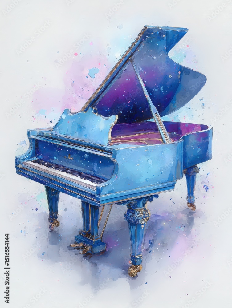 A stunning blue grand piano stands elegantly with its lid open, revealing a galaxy-themed interior. Vivid colors and artistic splashes create a captivating atmosphere around the instrument.