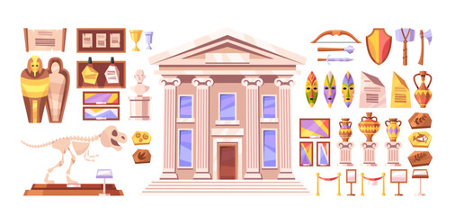 History museum elements set with building construction facade and ancient artifacts for exhibition