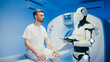 © ihorvsn - Modern humanoid robot holding digital tablet and reviewing data while interacting with serious Caucasian male patient. Man sitting on scanner bed waiting for results as machine prepares procedure.