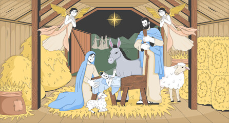 Aufkleber - Jesus Christ birth nativity flat illustration. Bible story. Stable with holy baby in manger, Mary, Joseph under Bethlehem star 2D bible characters cartoon background. Colorful scene vector art image