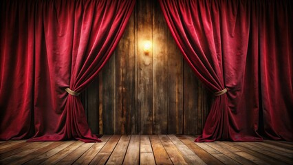 Poster - Crimson Curtains Draped Elegantly Against a Rustic Wooden Stage Backdrop, Illuminated by a Single Warm Light