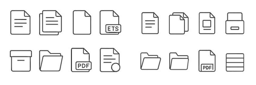 Collection of document icons representing various file types and organizational tools for digital storage and management