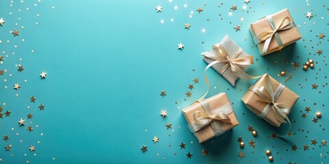 Poster - Celebratory Gift Boxes with Golden Accents and Starry Decorations on Teal Background