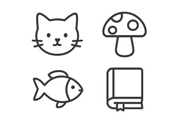 Poster - Creative illustrations featuring a cat, mushroom, fish, and book, ideal for educational and playful contexts