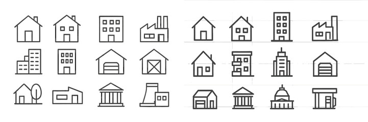 Poster - Collection of various building outlines representing different architectural styles at a design studio