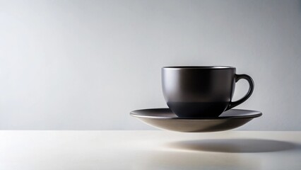 Poster - A Dark Cup and Saucer Appear to Levitate on a White Surface Against a Simple Background